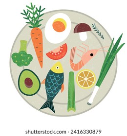 Ilustración vectorial de una placa con alimentos y productos saludables, dieta cetogénica, keto, alto contenido en grasas, bajo contenido de carbohidratos, fibra. Equilibrio hormonal, bienestar, longevidad, mariscos y verduras: peces, gambas, aguacate 