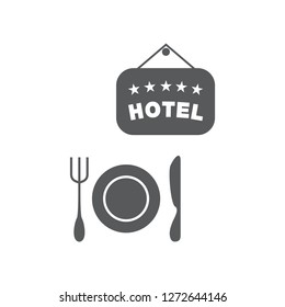 Vector illustration plate hotel, plate, fork and knife. Set of vector symbols. All inclusive. Food at restaurant at hotel. Flat design Monohrome