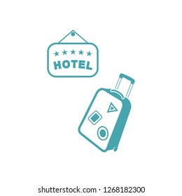 Vector illustration the plate hotel and a luggage bag on castors. Set of vector symbols. Arrival to hotel or departure. Flat design