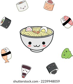 Vector illustration - plate of kawaii-style noodles surrounded by sushi in a flat style