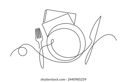 Vector illustration of plate, knife, and fork on white background. Icon ideal for restaurants, fast food, and takeout.