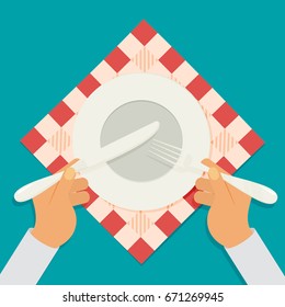 vector illustration of plate, knife and fork with hands 