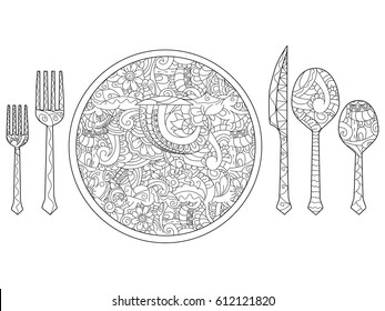 Vector illustration of plate, knife, spoon and fork. Cutlery set. Coloring book for adults. Anti-stress coloring for adult. Zentangle style. Black and white lines. Lace pattern