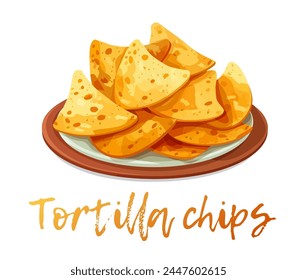 Vector illustration of a plate of nachos on a white background. Cartoon icon a plate piled high with triangle-shaped tortilla chips. A popular Mexican snack food nachos 