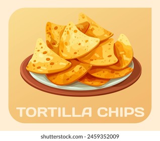 Vector illustration of a plate of nachos on beige background. Cartoon icon a plate piled high with triangle-shaped tortilla chips. A popular Mexican snack food