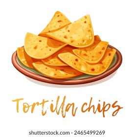 Vector illustration of a plate of nachos on a white background. Cartoon icon a plate piled high with triangle-shaped tortilla chips. A popular Mexican snack food