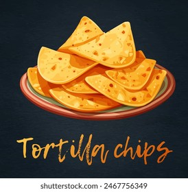 Vector illustration of a plate of nachos on black background. Cartoon icon a plate piled high with triangle-shaped tortilla chips. A popular Mexican snack food