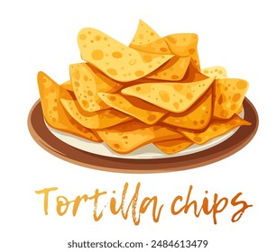 Vector illustration of a plate of nachos on a white background. Cartoon icon a plate piled high with triangle-shaped tortilla chips. A popular Mexican snack food