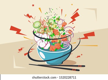 Vector illustration of a plate with a national Hawaiian Poke dish, with slices of tuna, radishes, greens, onions, cucumber and carrots