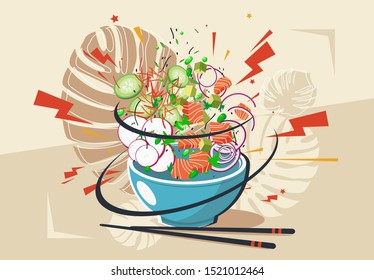 Vector illustration of a plate with a national Hawaiian poke dish, with tuna slices, radishes, greens, onions, cucumber and carrots with tropical leaves in the background