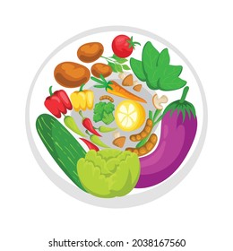 Vector illustration, a plate of lot organic veggies and food background.
