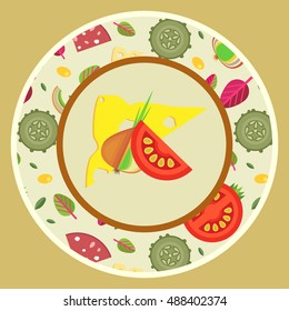 Vector illustration. Plate with ornaments of toppings for pizzas in flat style