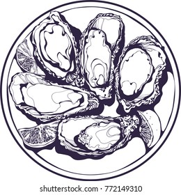 vector illustration with a plate of oysters and lemon slices