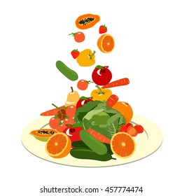 Vector illustration of a plate of salad with flying fresh vegetables and fruits