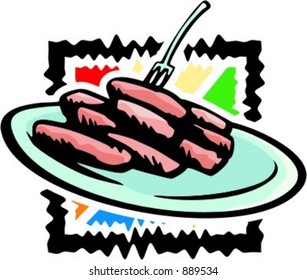 Ilustración vectorial de placa con salchichas y tenedor.  Revisa mi portafolio para ver muchas más imágenes.