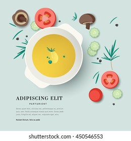 Vector illustration plate of soup with vegetables ingredient. Soup menu for restaurant. Asian style of food. View from above on food.