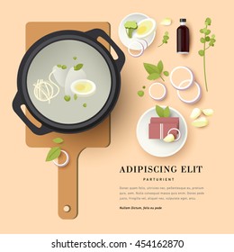 Vector illustration plate of soup with vegetables ingredient. Soup menu for restaurant. Asian style of food. View from above on food.