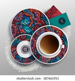 Vector illustration with plates and cup of coffee with floral ornaments 