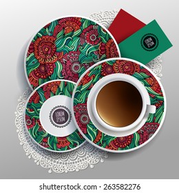 Vector illustration with plates and cup of coffee with floral ornaments