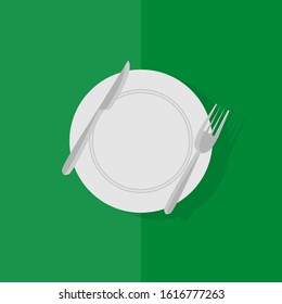 vector illustration of plates, forks, and knives from above with shadow