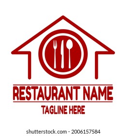ilustración vectorial de placas, cucharas, tenedores y cuchillos en la casa en rojo, apto para logotipos de restaurantes, cafés, comercios de comida caseros, etc.