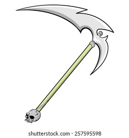 Vector illustration of a platinum silver medieval scythe attached to a skull handle.