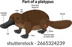 Vector illustration of a platypus with labeled anatomical features, flat tail, webbed feet, and brown fur. Clean, educational layout with clear labels