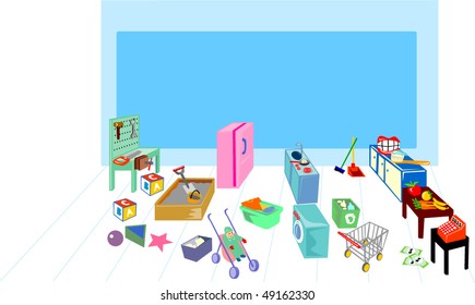 vector illustration of a Play area showing washing, cooking, kitchen and grocery