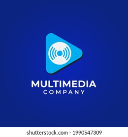 Vector illustration of Play Button with Spinning Disc and Live Feed icon. Multimedia and Broadcasting Company Logo Design Concept. Blue and White Color Theme