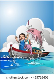 Vector illustration, Play with Dolphin