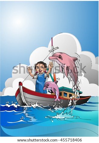 Vector illustration, Play with Dolphin