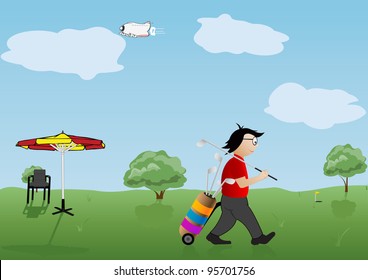 Vector illustration the player of a golf with sticks.
