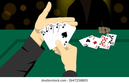 Ilustração vetorial de um jogador segurando um royal flush em espadas durante um jogo de pôquer. Símbolo de vitória, jogos de azar, sorte e apostas altas no ambiente de cassino