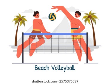 Vector Illustration of a Player Playing Beach Volleyball on Sandy Terrain during Summer and Throwing the Ball Over the Net for Sports Activities