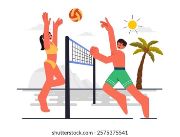 Vector Illustration of a Player Playing Beach Volleyball on Sandy Terrain during Summer and Throwing the Ball Over the Net for Sports Activities