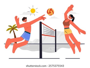 Vector Illustration of a Player Playing Beach Volleyball on Sandy Terrain during Summer and Throwing the Ball Over the Net for Sports Activities