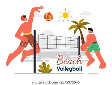 Vector Illustration of a Player Playing Beach Volleyball on Sandy Terrain during Summer and Throwing the Ball Over the Net for Sports Activities