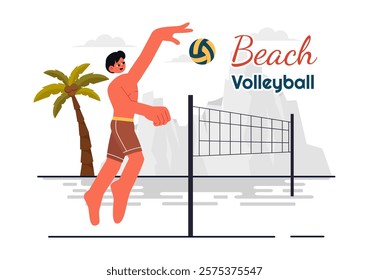 Vector Illustration of a Player Playing Beach Volleyball on Sandy Terrain during Summer and Throwing the Ball Over the Net for Sports Activities