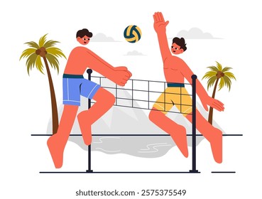 Vector Illustration of a Player Playing Beach Volleyball on Sandy Terrain during Summer and Throwing the Ball Over the Net for Sports Activities