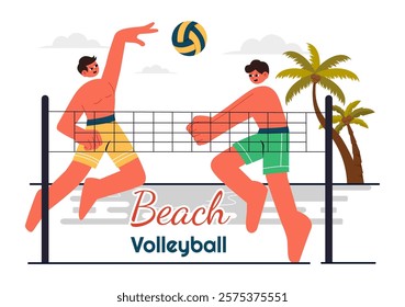 Vector Illustration of a Player Playing Beach Volleyball on Sandy Terrain during Summer and Throwing the Ball Over the Net for Sports Activities