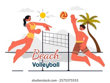 Vector Illustration of a Player Playing Beach Volleyball on Sandy Terrain during Summer and Throwing the Ball Over the Net for Sports Activities