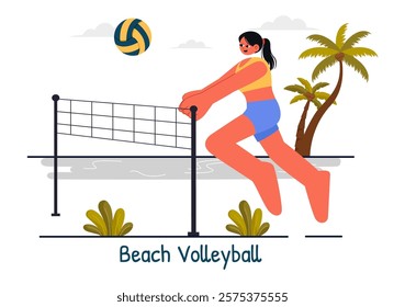 Vector Illustration of a Player Playing Beach Volleyball on Sandy Terrain during Summer and Throwing the Ball Over the Net for Sports Activities