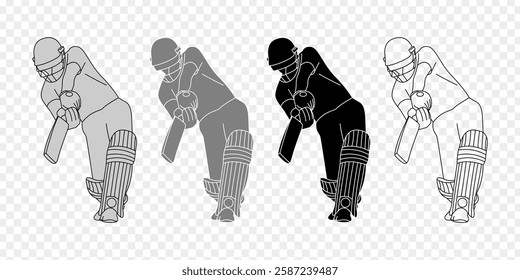 Vector illustration of player playing cricket action poses set on transparent background