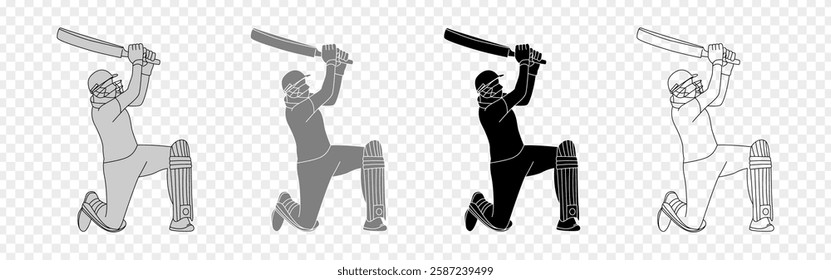 Vector illustration of player playing cricket action poses set on transparent background