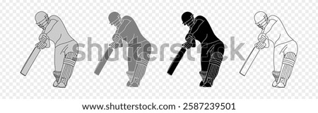 Vector illustration of player playing cricket action poses set on transparent background