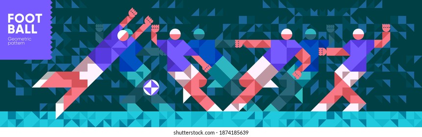 Vector illustration. The player scores the ball, the goalkeeper and the football team. Abstract, background patterns, triangular mosaics, stylized polygonal images, geometric backgrounds, large width.