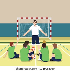 Ilustración vectorial de los jugadores en el vestuario escuchando hablar al entrenador