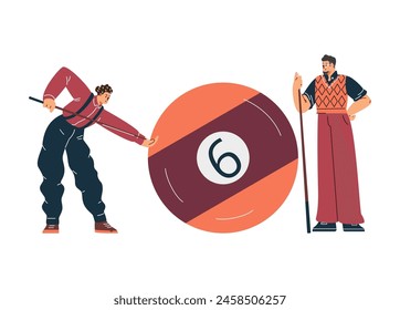 Vector illustration with players participating in a billiards competition, hitting a huge ball with cues on a white background, demonstrating sports leisure.