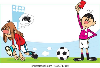 
Vector illustration with players and referee on the football field, on the background of the stadium. Illustration done in cartoon style.
