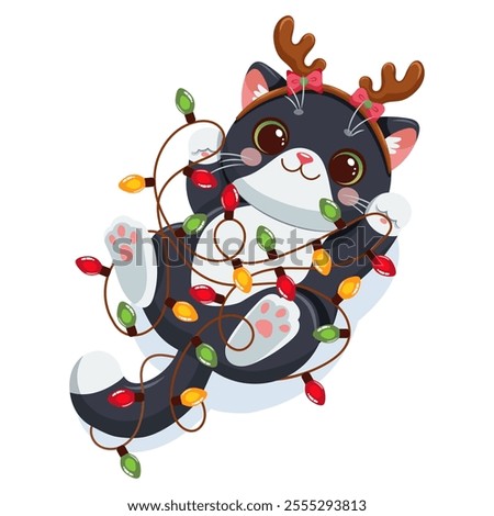 Vector illustration of a playful black and white cartoon cat tangled in colorful Christmas lights